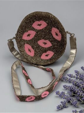 Beautiful Beaded Crossbody Bag with Pink Lip Motifs